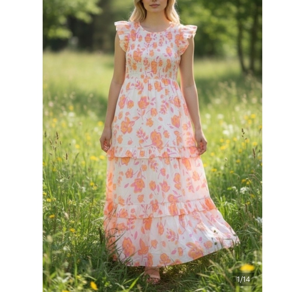 Vineyard Vines Summer Blooms Smocked Maxi Dress Pink Floral L 2Q011027-6388